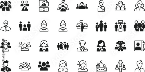 Collection of Black and White Icons Representing People and Groups silhouette business
