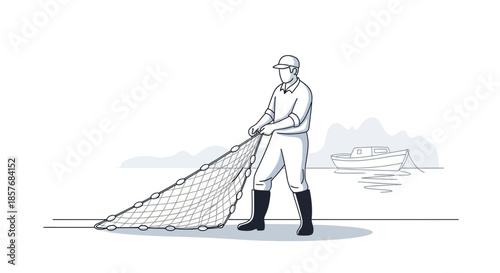 Fisherman holding fishing net with boat and water in background, line art illustration
