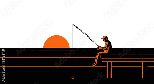 Fisherman on pier at sunset, simple graphic style, orange and black.