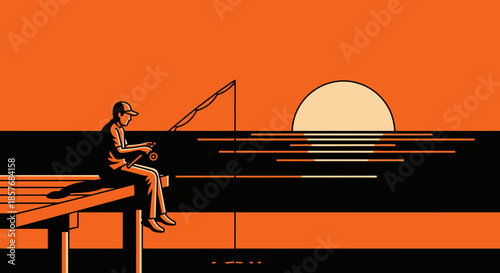 Fisherman on Pier at Sunset, Relaxing Hobby, Calm Water, Orange Sky