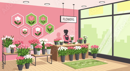 Flower Shop Interior Scene with Florist Arranging Bouquets