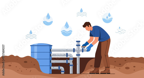 Plumber working on water system with tank and pipes, water drops illustration