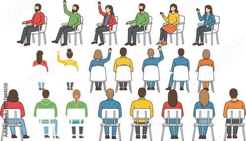 Seated people raising hands vector illustration showing audience, meeting, classroom, and group discussion from multiple angles