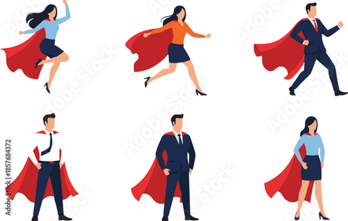 Business superhero people vector set featuring confident men and women with red capes symbolizing leadership, success and power