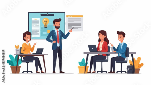 Business meeting with presentation and team collaboration in a modern office setting.