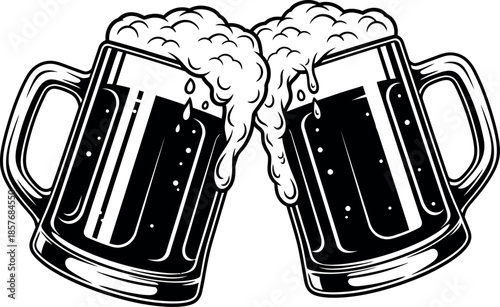 Two overflowing beer mugs clinking together in black and white foam