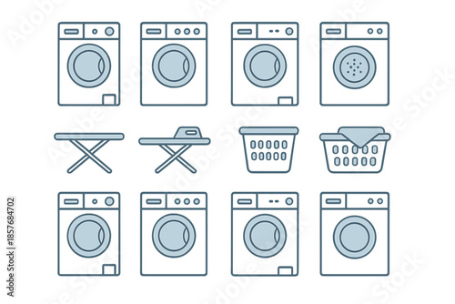 Laundry icons with washing machines, ironing boards, and laundry baskets