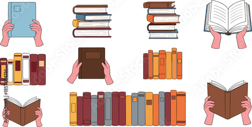 Books and reading vector set featuring stacks of books, open books and hands holding books for education concepts