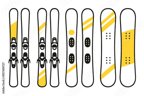 Collection of skis and snowboards with yellow accents