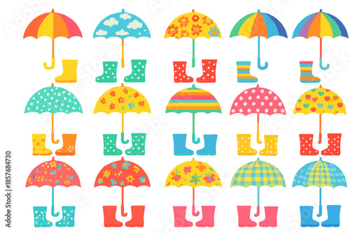 Colorful Umbrellas and Rain Boots Displayed on a Gradient Background