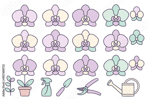 Orchid Flower Icons with Gardening Tools