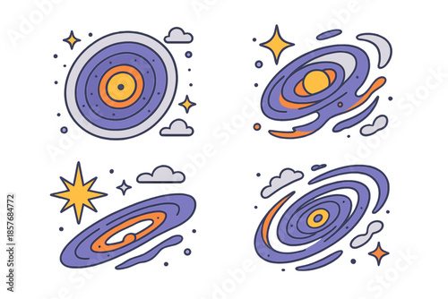Four stylized cosmic illustrations of galaxies and stars