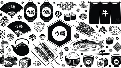 Set of Japanese food icons, sushi, yakitori, lantern, fan, traditional asian cuisine restaurant menu, culture symbols, cad drawing flat vector illustration