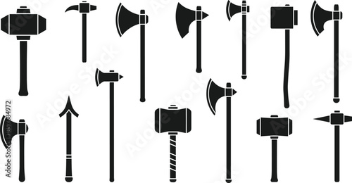 Collection of black silhouette icons of axes hammers and a spear hatchet sledgehammer