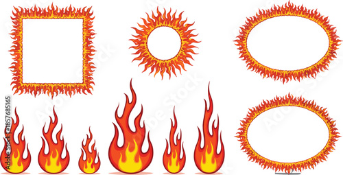 Fire and flame frame vector set featuring burning borders, blazing shapes and realistic flame elements for hot effects