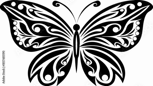 Elegant black butterfly with intricate white designs on wings
