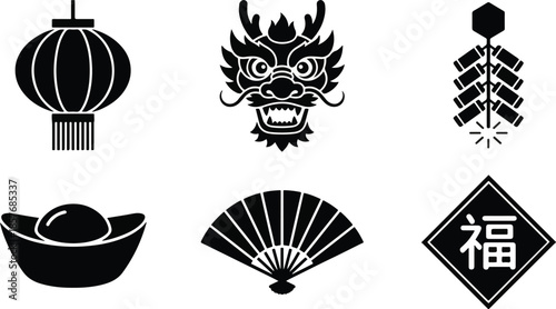 Chinese New Year Silhouette Icon Set of 6. Traditional Lunar New Year symbols isolated on white background including dragon head, lantern, firecracker, gold ingot, folding fan, and fortune Fu cha