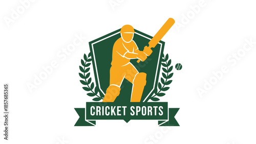 Cricket sports logo design with batsman and shield emblem