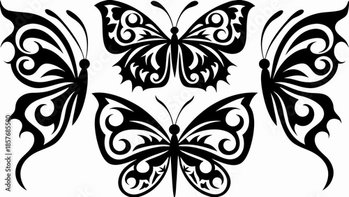 Elegant black butterflies with swirling patterns on white