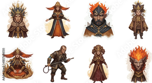 Fantasy Warrior and Fire Character Illustration Set