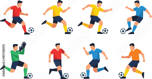 Soccer player action poses vector set with football athletes dribbling, kicking, running, and goalkeeping in flat style