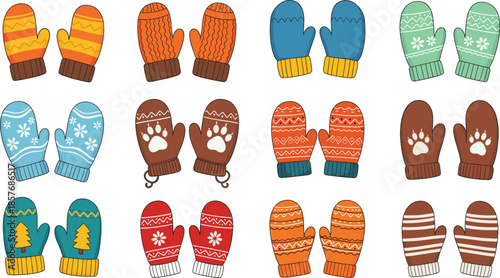 Winter mittens collection with colorful knitted patterns, cozy gloves, and cute seasonal designs in flat vector style