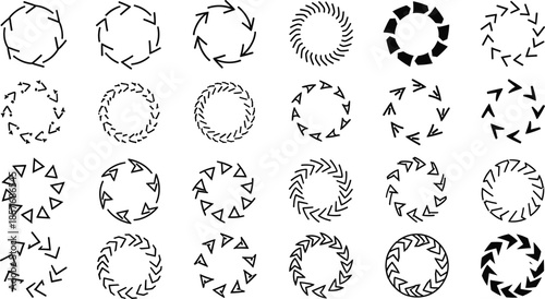 Circular arrow rotation icons set showing loading, refresh, sync, and cycle symbols in black vector style