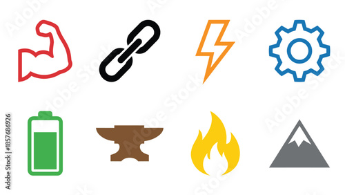 Set of 8 Powerful Icons Representing Strength Connection Energy Efficiency Resilience and Progress
