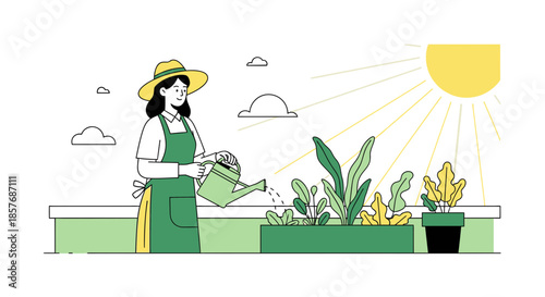 Gardener watering plants on a sunny day, flat illustration style