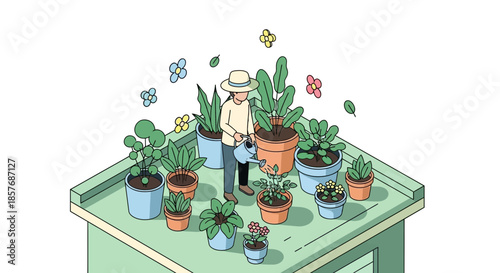 Gardening Rooftop Isometric Illustration: Person Watering Plants in Pots