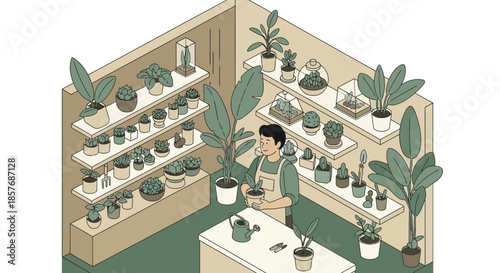 Gardener tending houseplants in a cozy plant shop with isometric view.