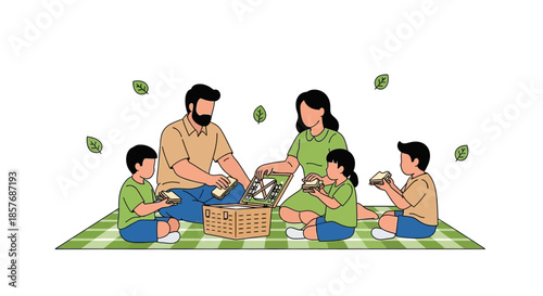 Happy Family Picnic Outdoors: Parents and Kids on Blanket with Basket and Food
