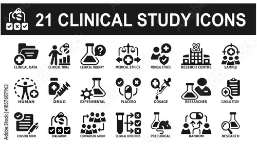 black and whit medical icons set contailing Human,Drug,placebo,evaluation,clinical study etc. solid icon vector illustration