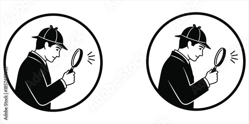 Detective Icons with Magnifying Glass and Hat on White Background Keywords: detective, man, person, silhouette, icon, symbol