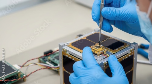 A person in blue gloves is assembling a small satellite cube, focusing on intricate electronic components and connections.