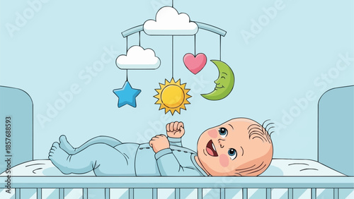 Happy baby in crib looking at mobile with shapes.