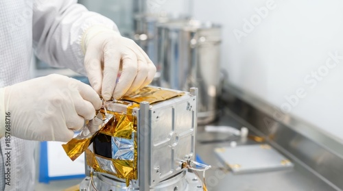 A technician assembles a small satellite component in a clean room, showcasing precision in space technology development.