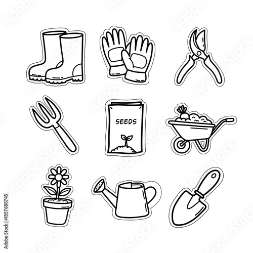 Cute Gardening and Agriculture Sticker Sheet. Printable vector set of shovel, plants, and farm tools with white border