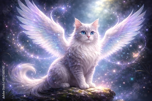 A fluffy white cat with glowing angel wings perched on a rock under a magical starry night sky