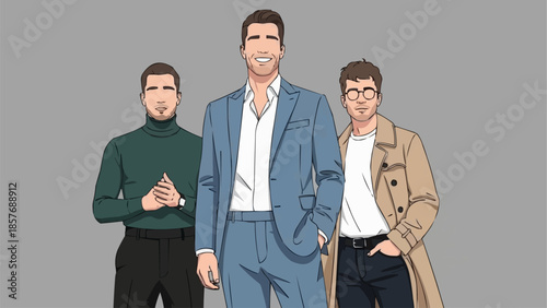 Three stylish men in fashionable outfits posing together.