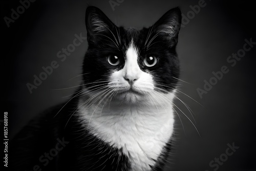 An intense black and white portrait of a domestic cat looking directly at the camera