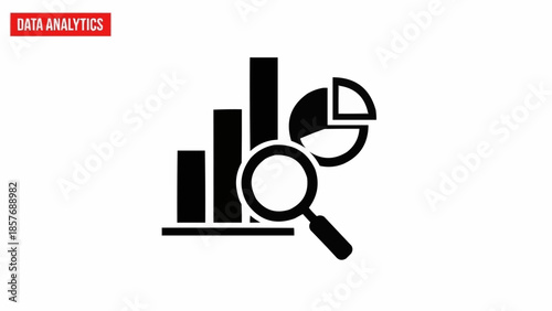 Data Analytics Icon with Bar Chart, Pie Chart, and Magnifying Glass.