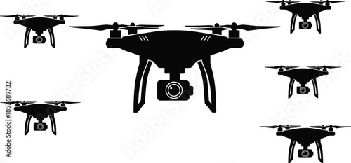 Multiple black silhouette drones with cameras in various sizes and angles unmanned aerial vehicle quadcopter