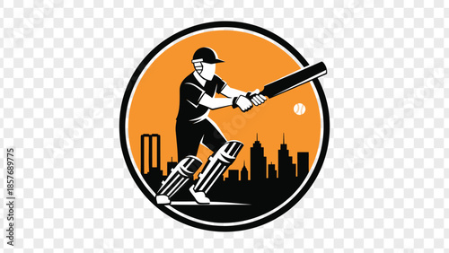 Cricket batsman hitting ball with city skyline in background