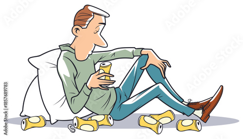 Drunk man with empty cans.