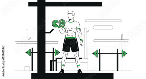 Man doing bicep curls with dumbbells in a gym, illustration