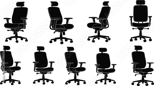 Multiple black silhouette views of an ergonomic office chair ergonomic chair desk chair