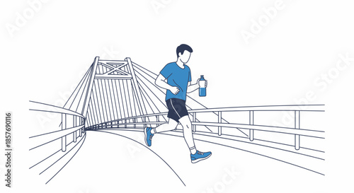 Man running on bridge with water bottle, active lifestyle, urban sport
