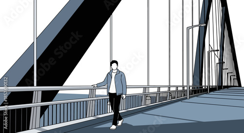 Man Walking on Modern Suspension Bridge, Urban Cityscape Perspective