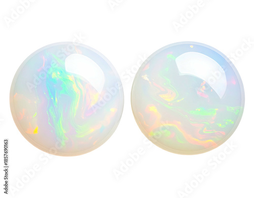 Two iridescent opals with swirling colors